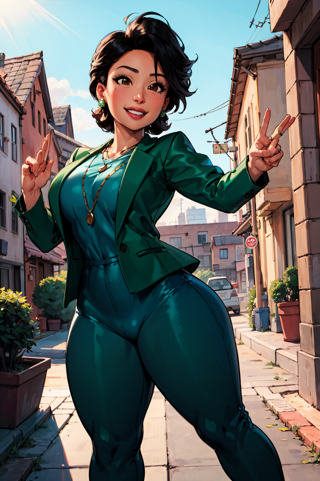 00546-671-minglee, 1girl, green jacket, pants, necklace, smiling, (curvy), town, dynamic pose, _lora_Sett_Ming_Lee_0.7_, milf, masterpiece.png